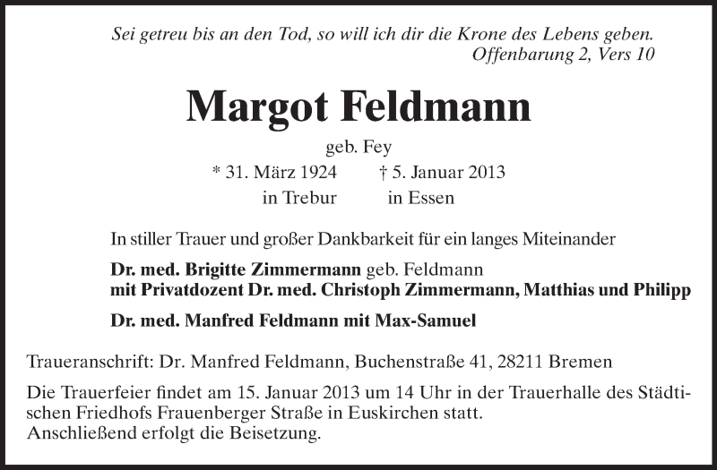  Traueranzeige für Margot Feldmann vom 10.01.2013 aus Rüsselsheimer Echo, Groß-Gerauer-Echo, Ried Echo