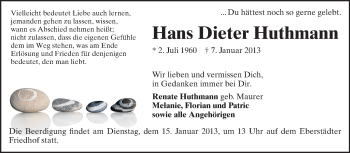 Traueranzeige von Hans Dieter Huthmann von Echo-Zeitungen (Gesamtausgabe)