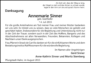 Traueranzeige von Annemarie Sinner von trauer.echo-online.de