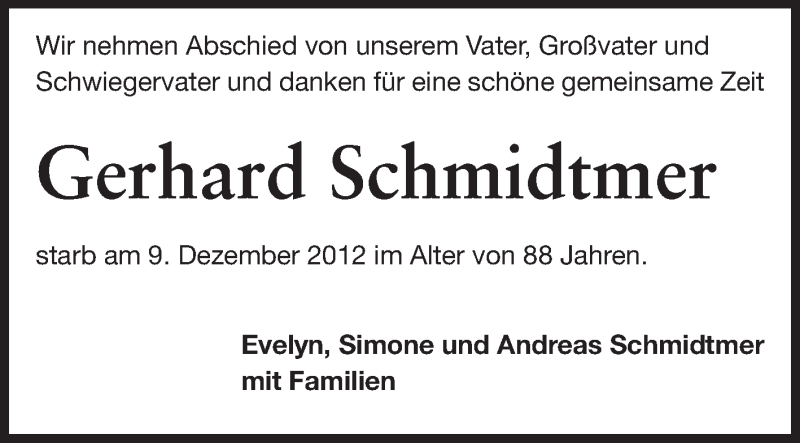  Traueranzeige für Gerhard Schmidtmer vom 11.01.2013 aus Echo-Zeitungen (Gesamtausgabe)