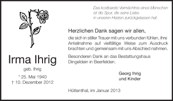 Traueranzeige von Irma Ihrig von Odenwälder Echo