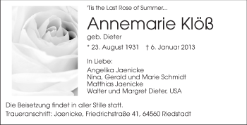 Traueranzeige von Annemarie Klöß von Echo-Zeitungen (Gesamtausgabe)