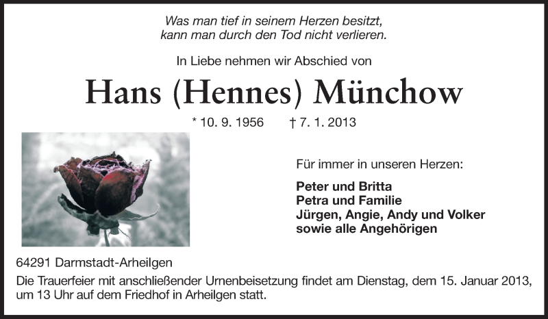  Traueranzeige für Hans Münchow vom 12.01.2013 aus Echo-Zeitungen (Gesamtausgabe)