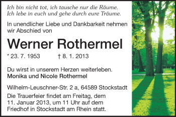 Traueranzeige von Werner Rothermel von Rüsselsheimer Echo, Groß-Gerauer-Echo, Ried Echo