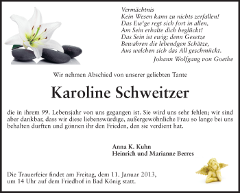 Traueranzeige von Karoline Schweitzer von Odenwälder Echo