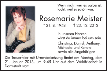 Traueranzeige von Rosemarie Meister von Darmstädter Echo, Odenwälder Echo, Rüsselsheimer Echo, Groß-Gerauer-Echo, Ried Echo