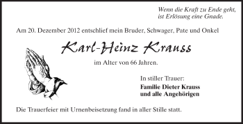 Traueranzeige von Karl-Heinz Krauss von Rüsselsheimer Echo, Groß-Gerauer-Echo, Ried Echo