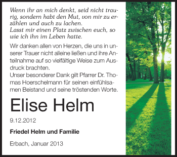 Traueranzeige von Elise Helm von Odenwälder Echo
