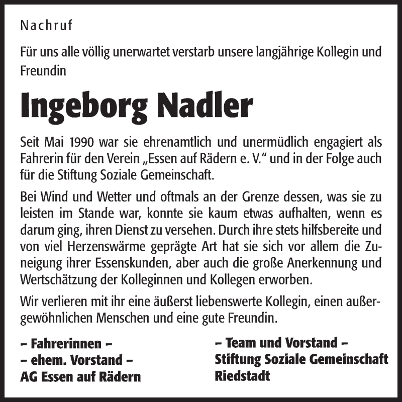  Traueranzeige für Ingeborg Nadler vom 11.01.2013 aus Rüsselsheimer Echo, Groß-Gerauer-Echo, Ried Echo