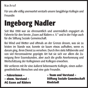 Traueranzeige von Ingeborg Nadler von Rüsselsheimer Echo, Groß-Gerauer-Echo, Ried Echo