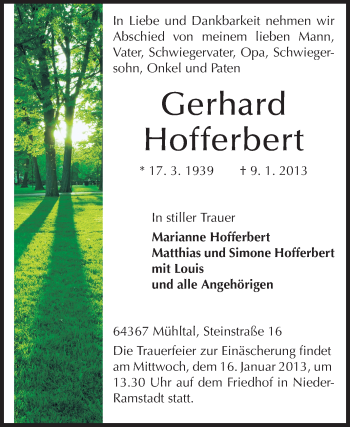 Traueranzeige von Gerhard Hofferbert von Echo-Zeitungen (Gesamtausgabe)