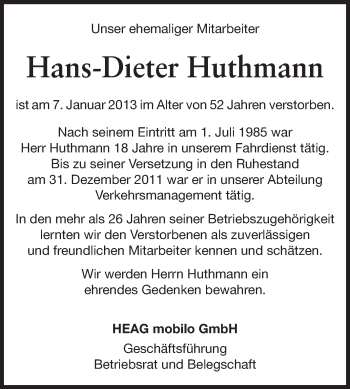 Traueranzeige von Hans-Dieter Huthmann von Echo-Zeitungen (Gesamtausgabe)