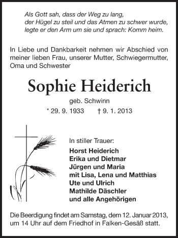 Traueranzeige von Sophie Heiderich von Odenwälder Echo