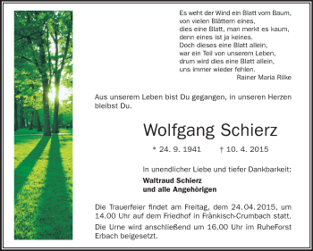 Traueranzeige von Wolfgang Schierz von Odenwälder Echo