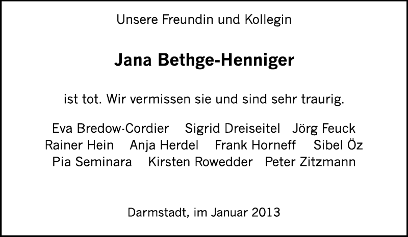  Traueranzeige für Jana Bethge-Henninger vom 11.01.2013 aus Echo-Zeitungen (Gesamtausgabe)
