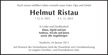 Traueranzeige von Helmut Ristau von Rüsselsheimer Echo, Groß-Gerauer-Echo, Ried Echo