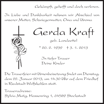 Traueranzeige von Gerda Kraft von Echo-Zeitungen (Gesamtausgabe)