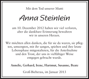 Traueranzeige von Anna Steinlein von Echo-Zeitungen (Gesamtausgabe)