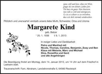 Traueranzeige von Margarete Kind von Rüsselsheimer Echo, Groß-Gerauer-Echo, Ried Echo