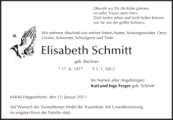 Traueranzeige von Elisabeth Schmitt von Starkenburger Echo