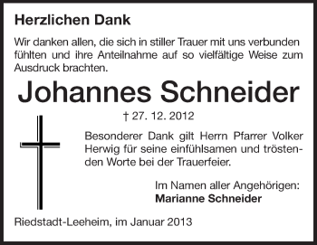 Traueranzeige von Johannes Schneider von Rüsselsheimer Echo, Groß-Gerauer-Echo, Ried Echo