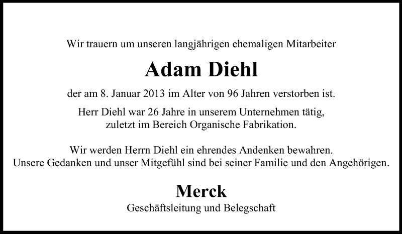  Traueranzeige für Adam Diehl vom 16.01.2013 aus Echo-Zeitungen (Gesamtausgabe)