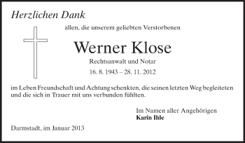 Traueranzeige von Werner Klose von Echo-Zeitungen (Gesamtausgabe)