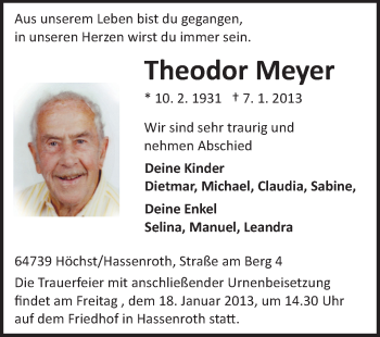 Traueranzeige von Theodor Karl Meyer von Echo-Zeitungen (Gesamtausgabe)