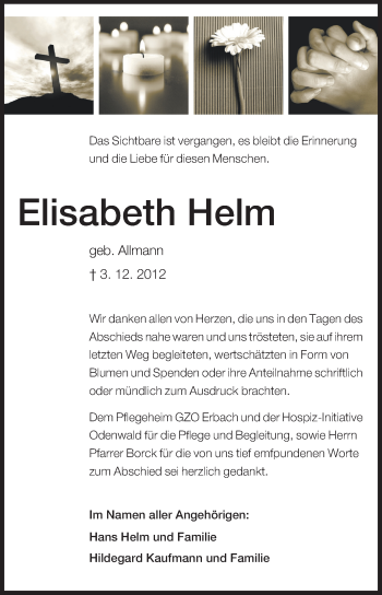 Traueranzeige von Elisabeth Helm von Odenwälder Echo