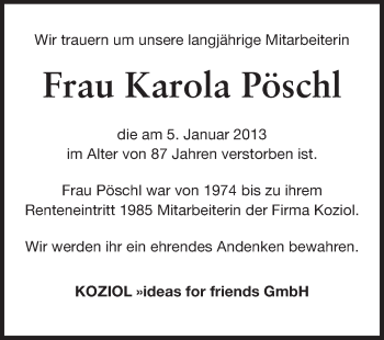 Traueranzeige von Karola Pöschl von Echo-Zeitungen (Gesamtausgabe)
