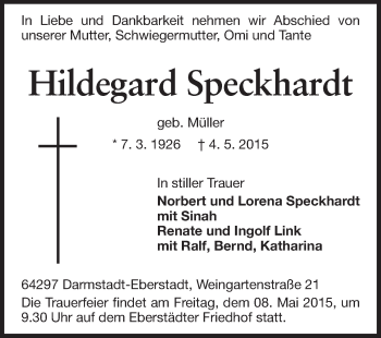 Traueranzeige von Hildegard Speckhardt von Echo-Zeitungen (Gesamtausgabe)