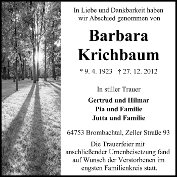 Traueranzeige von Barbara Kirchbaum von Odenwälder Echo