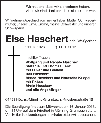 Traueranzeige von Else Haschert von Odenwälder Echo