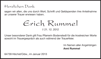 Traueranzeige von Erich Rummel von Odenwälder Echo