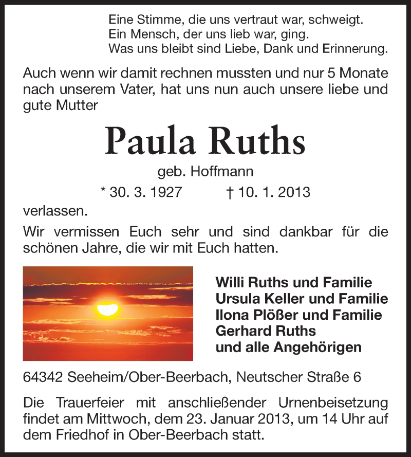  Traueranzeige für Paula Ruths vom 14.01.2013 aus Echo-Zeitungen (Gesamtausgabe)