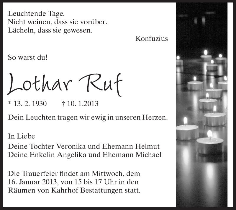  Traueranzeige für Lothar Ruf vom 14.01.2013 aus Echo-Zeitungen (Gesamtausgabe)