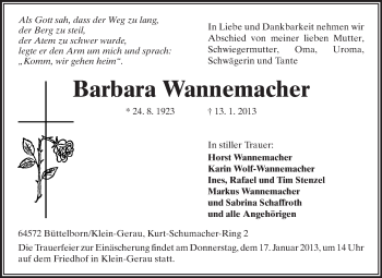 Traueranzeige von Barbara Wannemacher von Echo-Zeitungen (Gesamtausgabe)