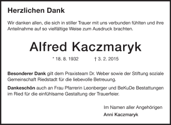 Traueranzeige von Alfred Kaczmaryk von Rüsselsheimer Echo, Groß-Gerauer-Echo, Ried Echo