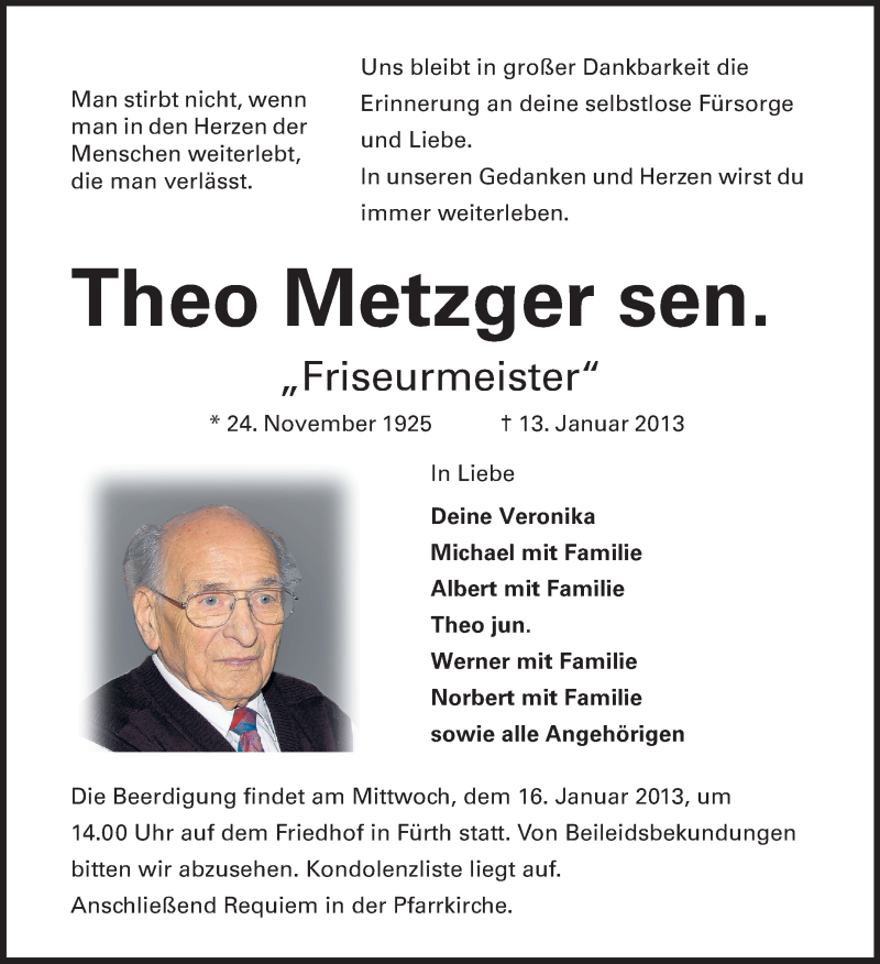  Traueranzeige für Theo Metzger vom 15.01.2013 aus Starkenburger Echo