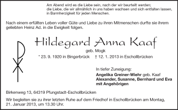 Traueranzeige von Hildegard Anna Kaaf von Darmstädter Echo, Odenwälder Echo, Rüsselsheimer Echo, Groß-Gerauer-Echo, Ried Echo