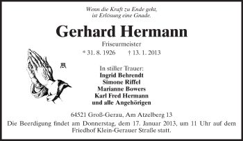 Traueranzeige von Gerhard Hermann von Rüsselsheimer Echo, Groß-Gerauer-Echo, Ried Echo