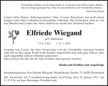 Traueranzeige von Elfriede Wiegand von Echo-Zeitungen (Gesamtausgabe)
