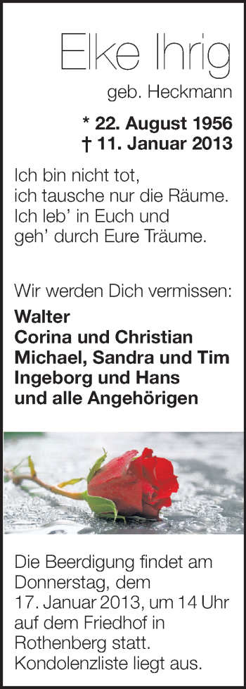 Traueranzeige von Elke Ihrig von Odenwälder Echo