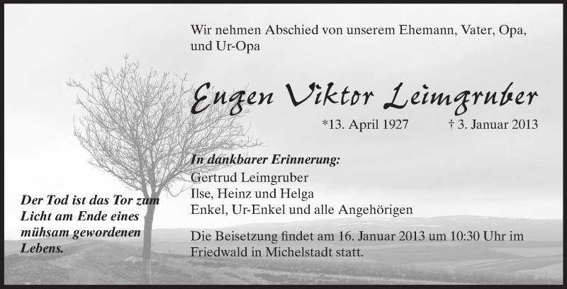 Traueranzeige für Eugen Viktor Leimgruber vom 16.01.2013 aus Odenwälder Echo