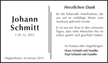 Traueranzeige von Johann Schmitt von Starkenburger Echo