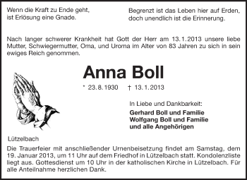 Traueranzeige von Anna Boll von Odenwälder Echo