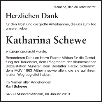 Traueranzeige von Katharina Schewe von Echo-Zeitungen (Gesamtausgabe)