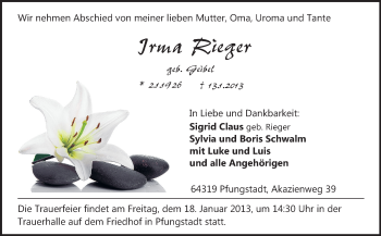 Traueranzeige von Irma Rieger von Echo-Zeitungen (Gesamtausgabe)