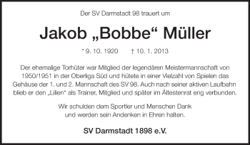 Traueranzeige von Jakob Müller von Echo-Zeitungen (Gesamtausgabe)