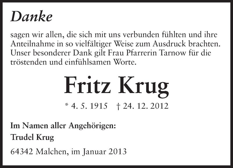  Traueranzeige für Fritz Krug vom 19.01.2013 aus Echo-Zeitungen (Gesamtausgabe)